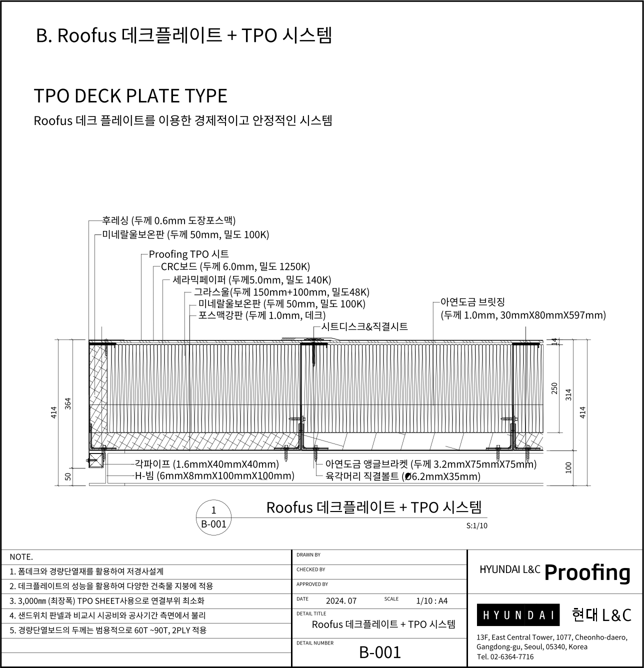 현대L&C Proofing TPO 표준상세도 B-001 Roofus 데크플레이트 + TPO 시스템 (TPO DECK PLATE TYPE) — 포스맥 강판 데크(1 (에스피알 웹 게재판)