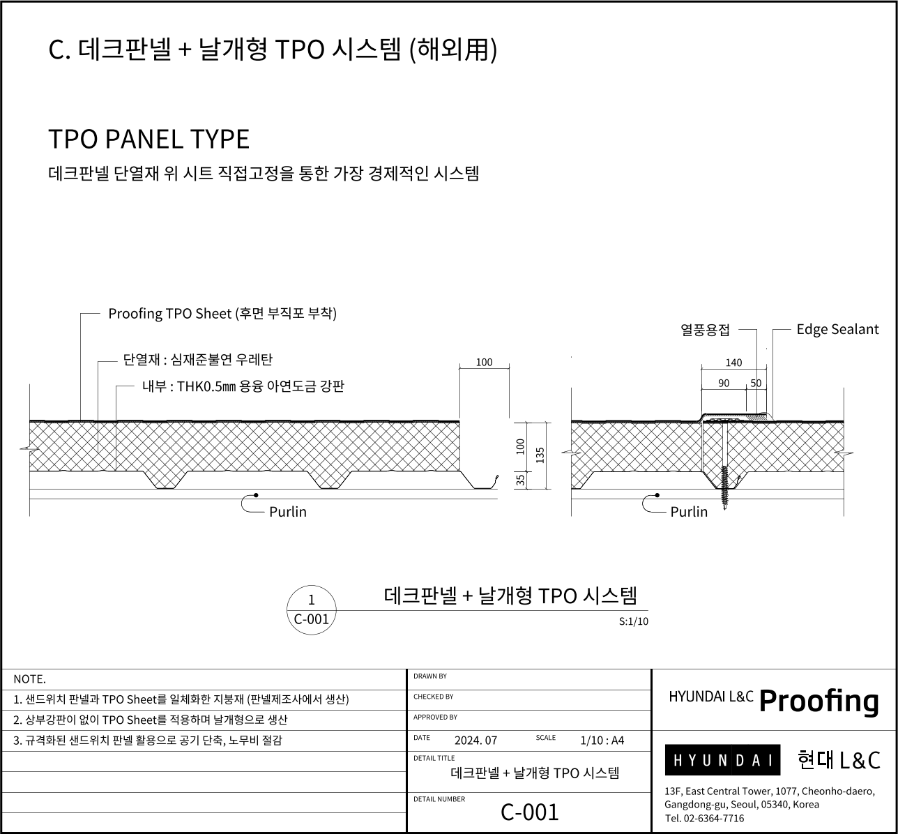 현대L&C Proofing TPO 표준상세도 C-001 데크판넬 + 날개형 TPO 시스템 (해외용) — 판넬 제조사가 상부 강판 대신 TPO 시트(후면 부직포 부착)를 붙여 생산한 일체형 지붕 판넬입니다 (에스피알 웹 게재판)