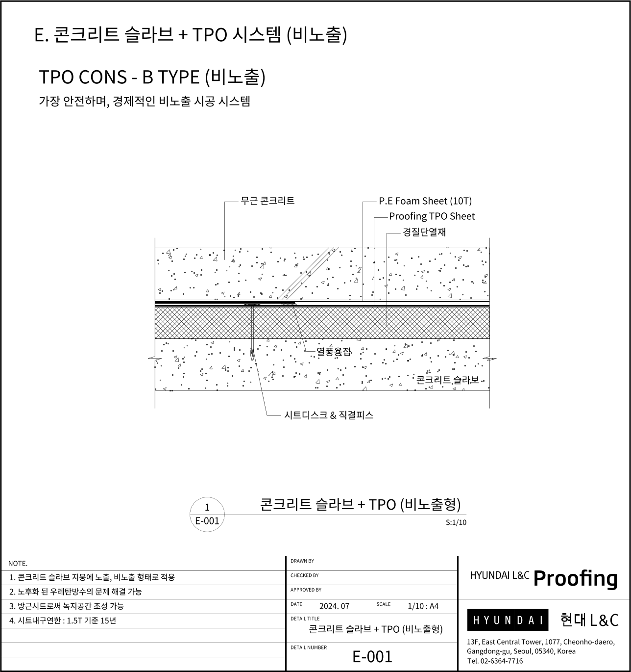 현대L&C Proofing TPO 표준상세도 E-001 콘크리트 슬라브 + TPO 시스템 (비노출) — 콘크리트 슬라브 위에 Proofing TPO 시트를 시트디스크·직결피스로 고정하고, 그 위에 PE Foam 시트(10T)·경질단열재·무근 콘크리트를 올리는 비노출(보호 콘크리트) 공법입니다 (에스피알 웹 게재판)