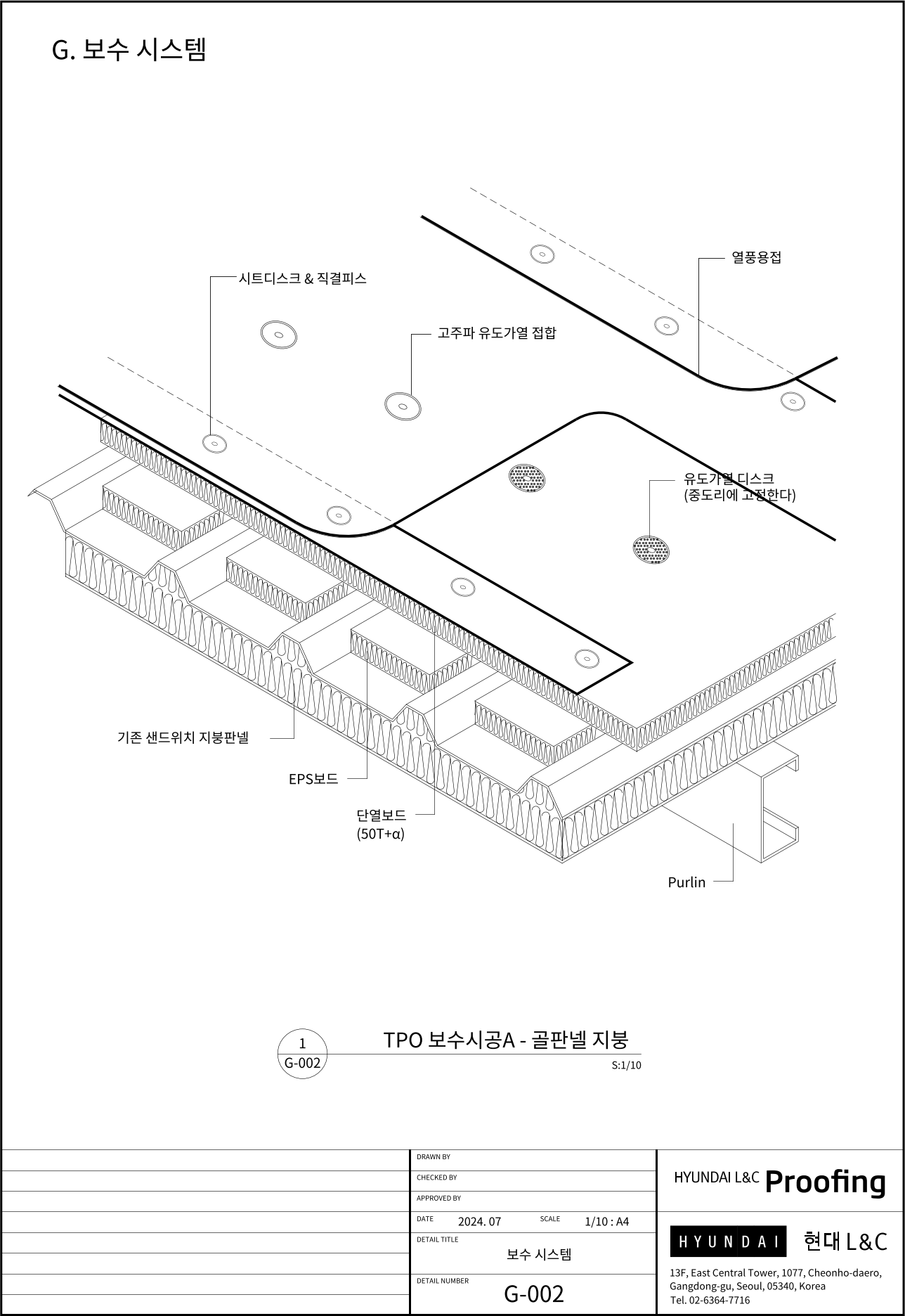 현대L&C Proofing TPO 표준상세도 G-002 TPO 보수시공 A — 골판넬 지붕 — 기존 샌드위치 지붕판넬 위에 EPS보드로 골을 채우고 단열보드(50T+α)를 덧댄 뒤 Proofing TPO 시트를 올리는 단면입니다 (에스피알 웹 게재판)