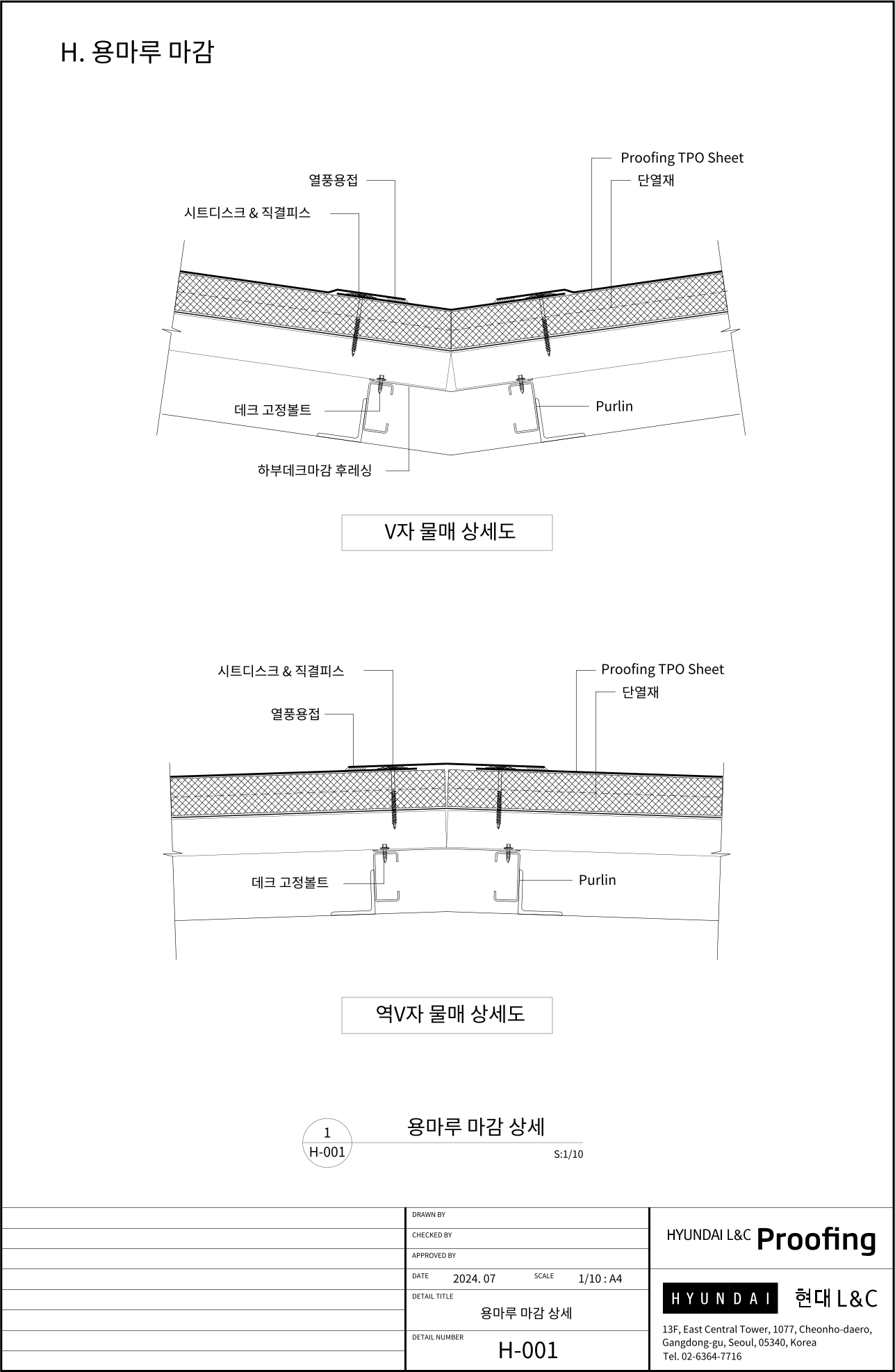 현대L&C Proofing TPO 표준상세도 H-001 용마루 마감 — V자·역V자 물매 — 지붕 물매가 꺾이는 용마루(역V자)와 골(V자) 부위의 마감 단면 두 가지입니다 (에스피알 웹 게재판)