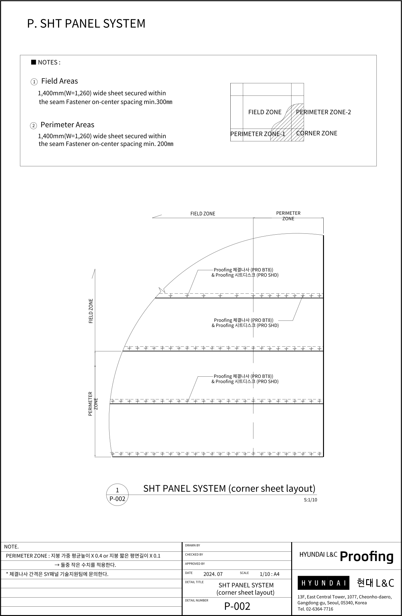 현대L&C Proofing TPO 표준상세도 P-002 SHT PANEL SYSTEM — 코너 시트 배치 (corner sheet layout) — 지붕을 중앙부(FIELD ZONE)·외주부(PERIMETER ZONE-1·2)·모서리(CORNER ZONE)로 나눠 체결 간격을 달리하는 배치도입니다 (에스피알 웹 게재판)